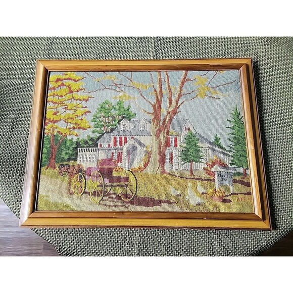 Vintage Large Ornate Wood Framed 22.5 X 17 Needlepoint Fairfield Inn w/ Carriage - Picture 8 of 11